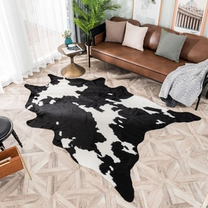 Faux Cowhide Rug Irregular Shape Black White Cow Print Area Carpet Synthetic Plush Home Decor Living Room