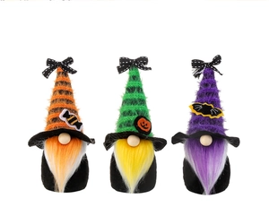 Three colorful Halloween gnomes with candy and pumpkin patterns on striped hats