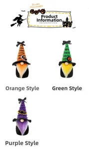 Close-up of three Halloween faceless gnomes with striped hats and holiday themed patches