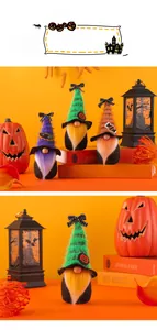 Three colorful Halloween gnomes with pumpkin hats and bows in a cozy festive setting