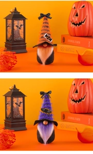 Detail of Halloween gnome plushies with striped hats and candy accents on orange background