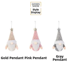 Three knitted Christmas gnome ornaments in gold pink and gray with sparkling star hats