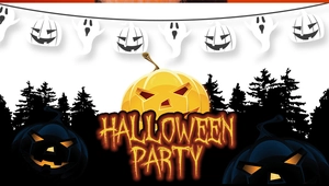 Halloween Party backdrop with glowing pumpkin and festive banner on dark forest