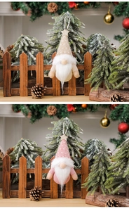 Close-up of knit Christmas gnome ornaments with gold stars and long white beards