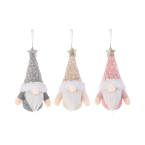 Three-piece knitted Christmas gnome ornaments with glitter stars and white hanging ropes