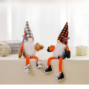Detailed view of handmade sport gnomes holding rugby and basketball with mini sneakers