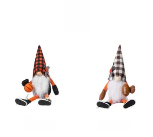 Detail of basketball and American football themed gnomes with long white beards and plaid hats