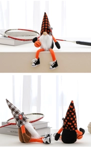 Detail of sport-themed gnomes with plaid hats and sneakers shown in a bright window setting
