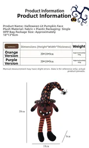 Size chart showing dimensions for a glowing Halloween pumpkin gnome ornament, 39x18x9cm