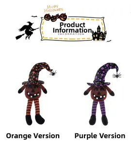 Detail of long-legged Halloween pumpkin gnome dolls with witch hats and spiders