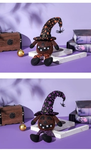 Close-up of plush Halloween pumpkin elves with wizard hats and spider charms