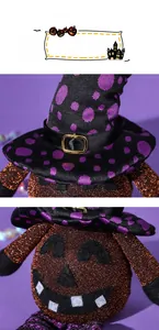 Detail of orange glitter knit pumpkin doll with purple polka dot wizard hat for Halloween