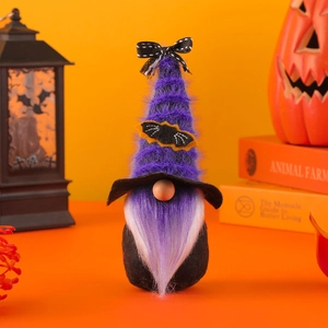 Halloween gnome plush with purple hat and gradient beard on a festive orange background