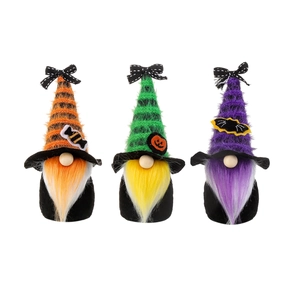 Three Halloween gnomes with colorful striped hats and candy decorations on white background