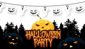 Halloween Party banner featuring pumpkin lanterns and forest silhouette graphics