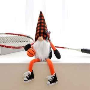 Sporty basketball themed gnome plush with long legs, orange pointed hat and canvas shoes