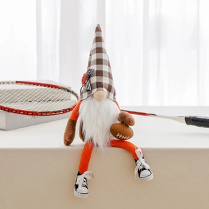 Handmade sports gnome plush holding a mini football with grey plaid hat and canvas shoes