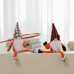 Pair of plush sports gnomes featuring basketball and rugby themes with long dangling legs