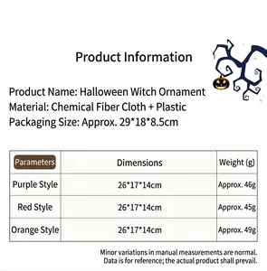 Tableau des tailles et spécifications pour poupées de sorcière Halloween multicolores