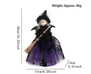 Vue détaillée d'une poupée de sorcière d'Halloween avec dimensions et jupe en tulle
