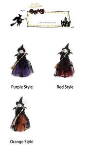 Détail de trois poupées de sorcières d'Halloween avec balais en violet, rouge et orange