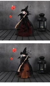 Détail de poupées de sorcières d'Halloween avec capes en dentelle et balais de paille