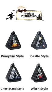 Detailed view of four triangular Halloween lanterns with pumpkin, castle, and witch patterns