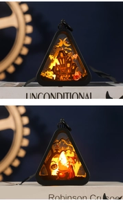 Macro detail of triangle Halloween lanterns with pumpkin and witch silhouette cutouts
