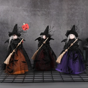 Décoration de Sorcière d'Halloween Ornement Sommet d'Arbre Poupée pour Fête Bureau Figurine de Sorcière avec Balai