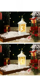 Detail van witte kerstlantaarn met warm LED-licht en feestelijke sneeuwpop illustraties