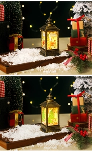 Detail van kerst-LED-lantaarns met kerstman- en rendierprints op vintage bronzen finish