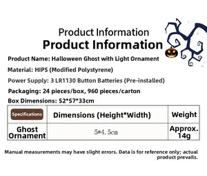 Größentabelle für Mini Halloween Geist Ornamente mit LED Licht und Materialangaben