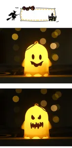 Nahaufnahme der hängenden Mini-Geister-LED-Laternen mit warmgelbem Licht für Halloween-Deko