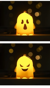 Nahaufnahme von Mini-Halloween-Geisterlaternen mit warmen LEDs und Aufhängeringen