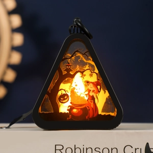 Halloween triangular hanging lantern with witch silhouette and warm LED light decor