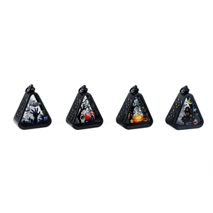 Set of four Halloween decorative lanterns featuring spooky castle and pumpkin illustrations