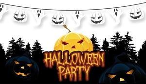 Halloween-Banner-Detail mit leuchtender Kürbis-Laterne und festlichen Geister-Girlanden