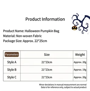 Size chart showing 21x23cm dimensions and weight for non-woven Halloween pumpkin gift bags