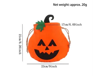 Detailed size chart of orange felt Halloween pumpkin gift bag with drawstring closure