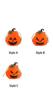 Three pumpkin face drawstring candy bags showing A, B, and C spooky expressions