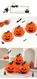 Detail of Halloween pumpkin drawstring gift bags with black felt handles and jack-o-lantern faces
