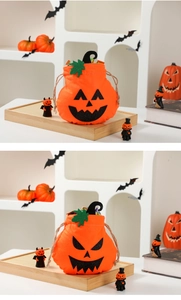 Detailed view of Halloween pumpkin drawstring gift bags with felt jack-o'-lantern faces