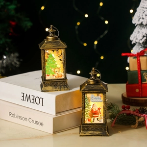 Retro kerstlantaarns met LED-verlichting en feestelijke illustraties decor