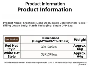 Detailed size and material specifications for glowing Christmas Rudolph plush dolls