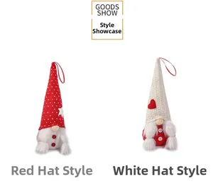 Detail of knitted Christmas gnome ornaments with heart patterns and plush beards