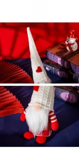 Detail of a Christmas gnome featuring a white knitted hat with heart and red plaid body