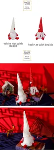 Detailed view of standing Christmas gnomes with knitted hats in a festive red setting