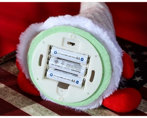 Detail of the bottom battery compartment for a glowing Christmas gnome plush toy ornament
