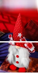 Macro detail of Christmas gnome plush with red knitted hat, white beard and buttons