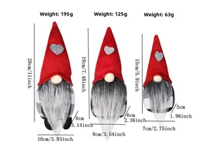 Tableau détaillé de trois gnomes de Noël avec dimensions et poids sur fond blanc neutre